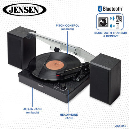 JENSEN - JTA-315 - Dual-Direction Bluetooth Belt-Drive Turntable with Speakers